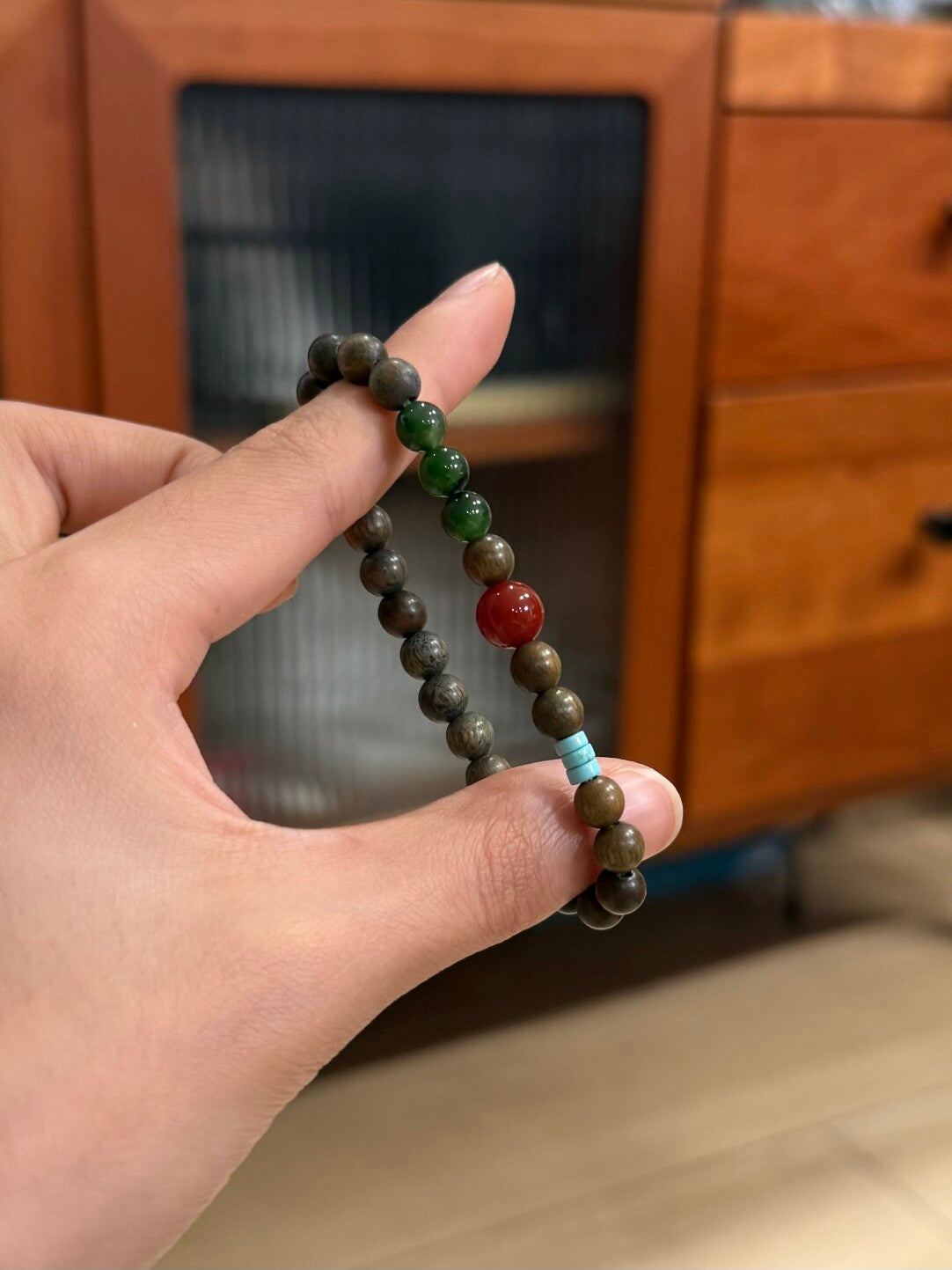 Red Green Natural Jade Agate Sandalwood Beaded Bracelet