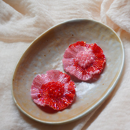 Handmade Beaded Red Flower Earrings