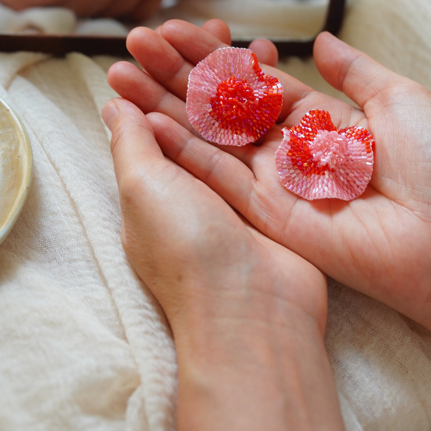 Handmade Beaded Red Flower Earrings