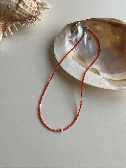 Red Shell Beaded Pearl Necklace