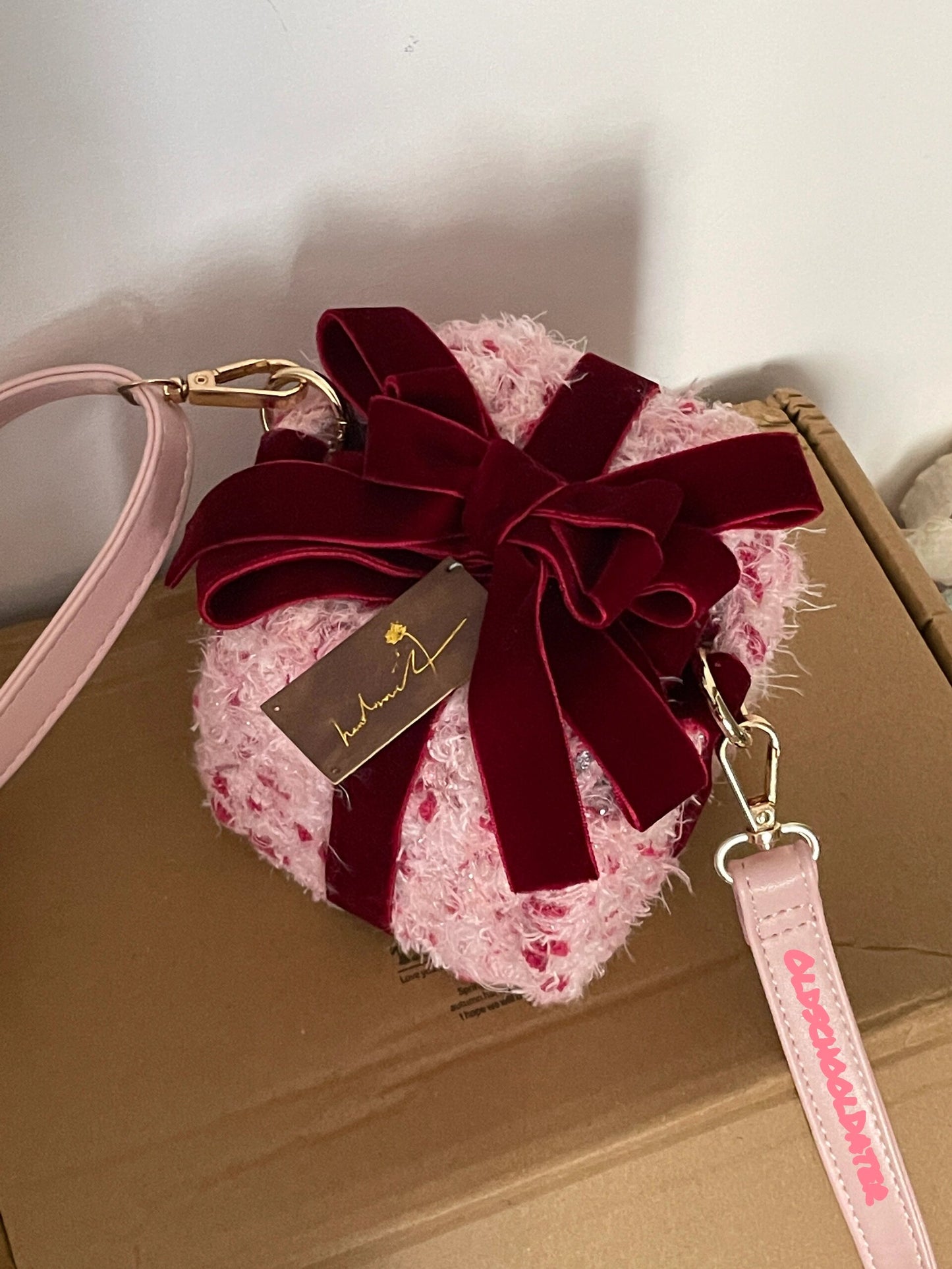 Red Velvet Bow Crochet Square Crossbody Bag