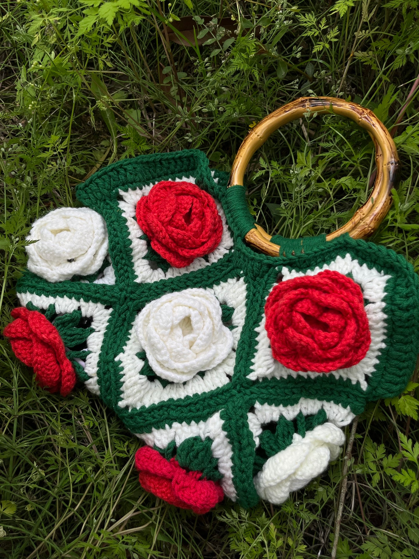 Red White Rose Crochet Handbag