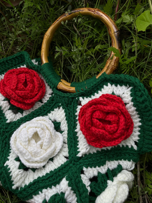 Red White Rose Crochet Handbag