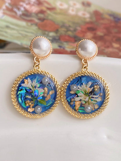 Retro Blue Flower Resin Pearl Earrings