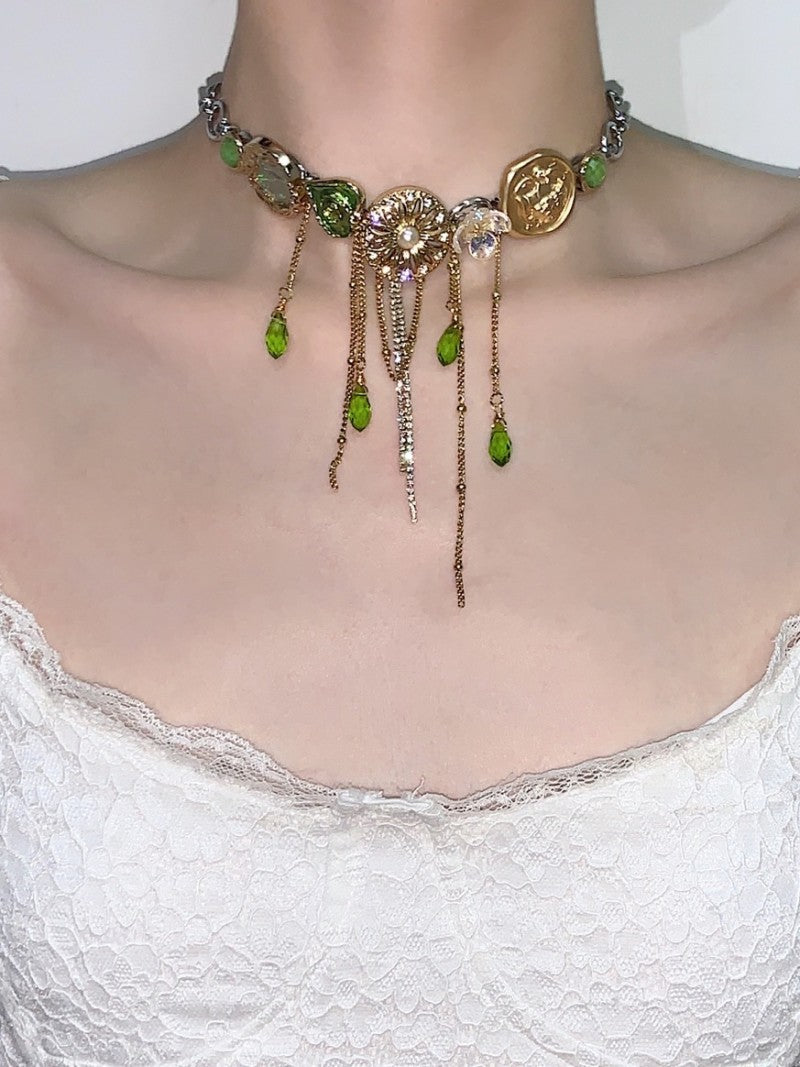 Retro Buttons Green Drops Tassel Choker Necklace