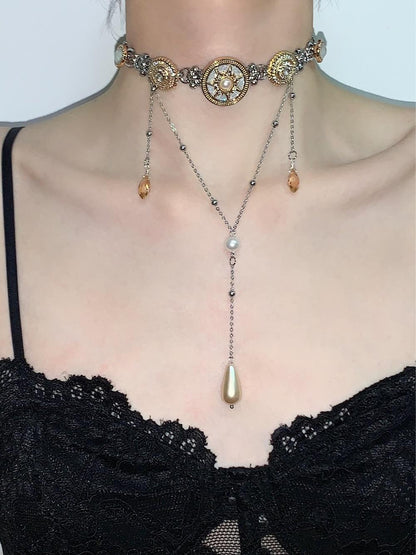Retro Buttons Pearl Layered Choker Necklace
