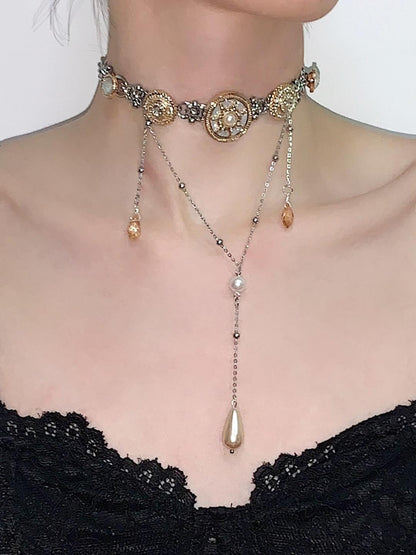 Retro Buttons Pearl Layered Choker Necklace