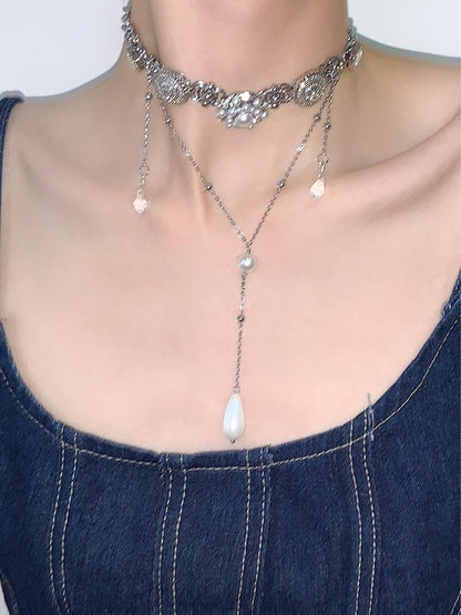 Retro Buttons Pearl Layered Choker Necklace