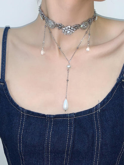 Retro Buttons Pearl Layered Choker Necklace