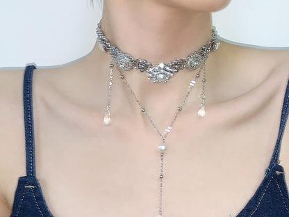 Retro Buttons Pearl Layered Choker Necklace