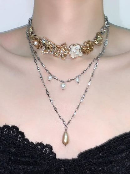Retro Buttons Pearl Layered Choker Necklace