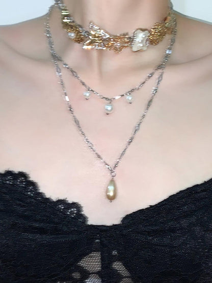Retro Buttons Pearl Layered Choker Necklace