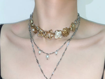 Retro Buttons Pearl Layered Choker Necklace