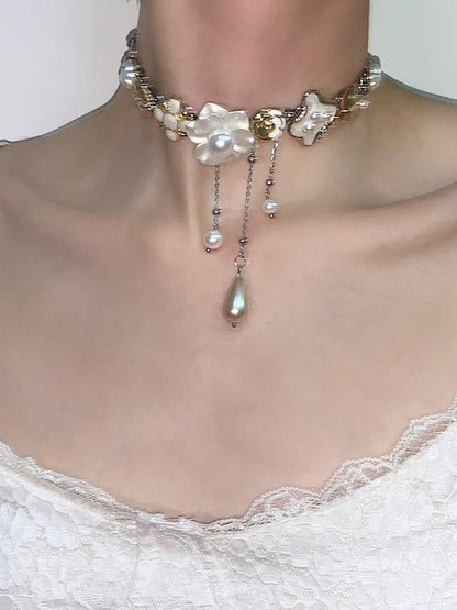 Retro Buttons Pearl Layered Choker Necklace