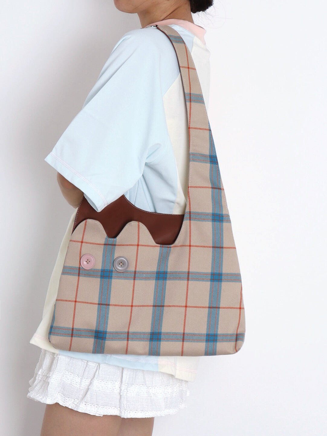 Retro Plaid Color-Block Cat Shoulder Bag | Bag | Three Fleas