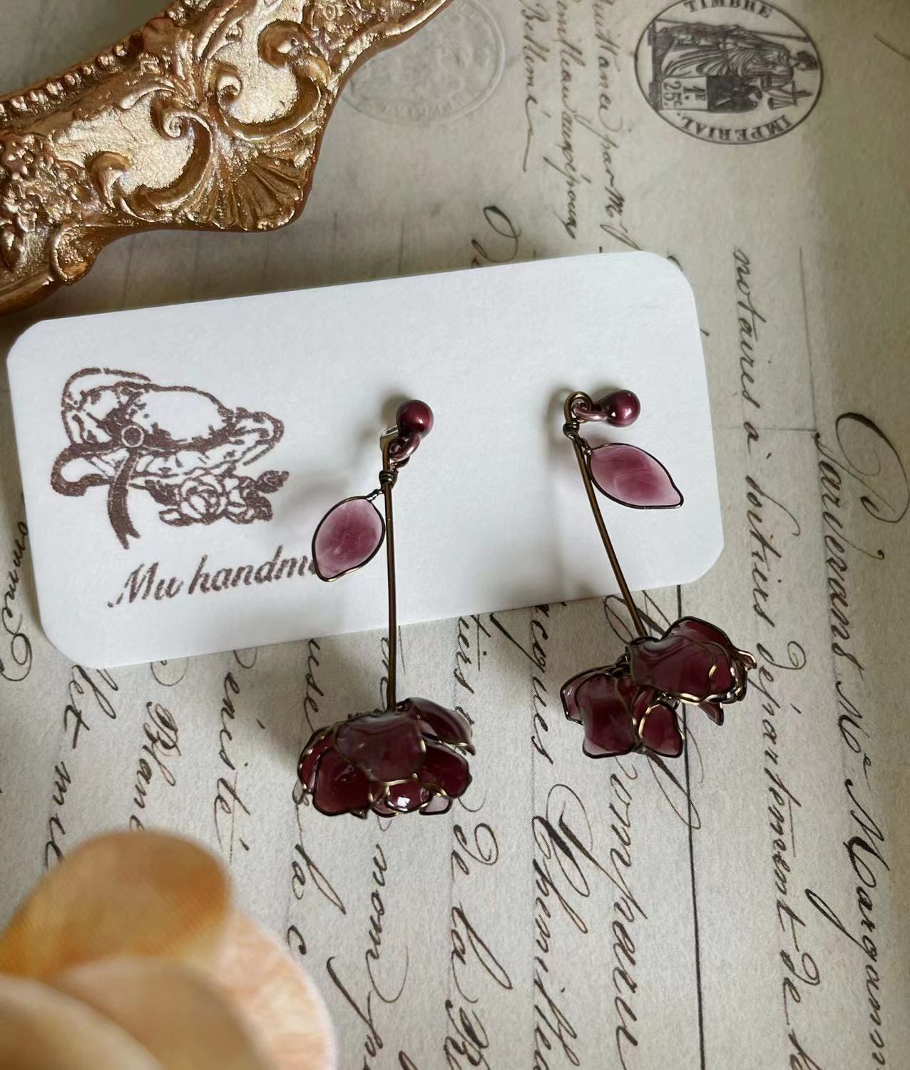 Retro Purple Rose Resin Earrings