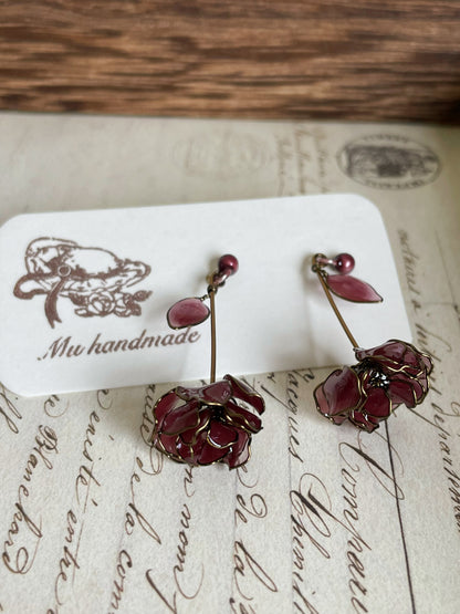 Retro Purple Rose Resin Earrings