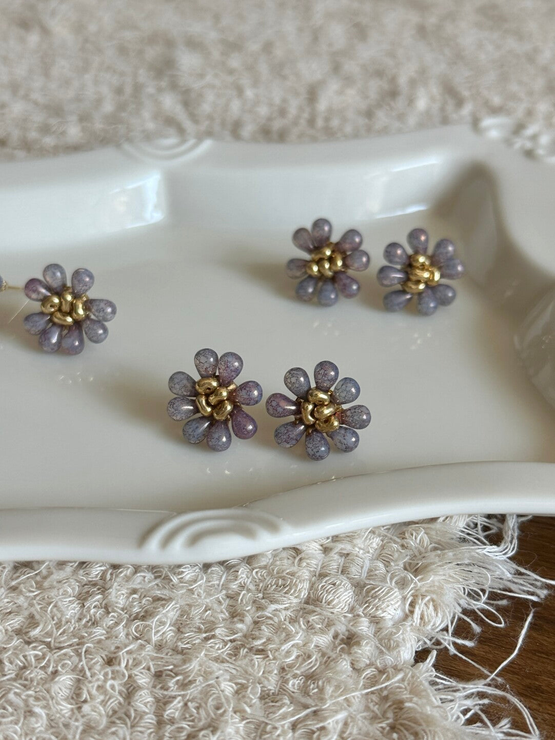 Retro Romantic Purple Beaded Flowers Earrings
