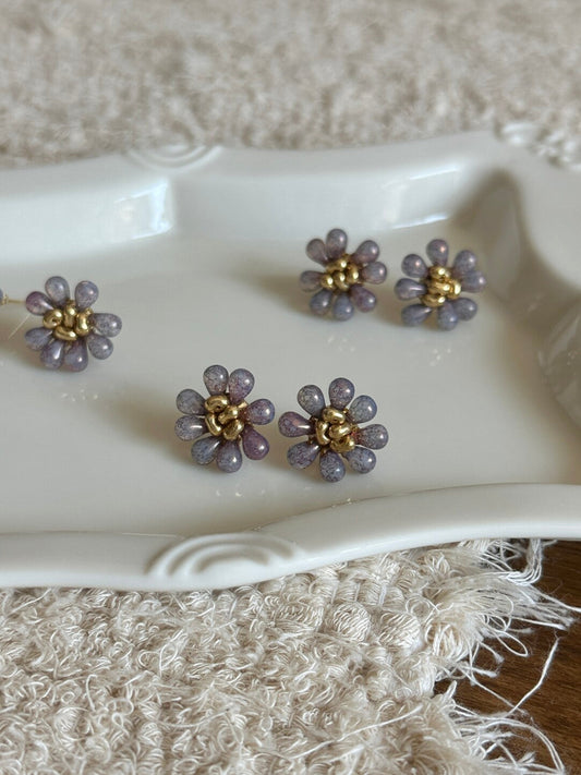 Retro Romantic Purple Beaded Flowers Earrings
