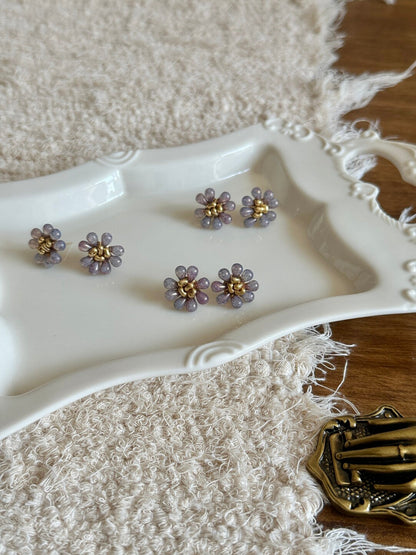 Retro Romantic Purple Beaded Flowers Earrings