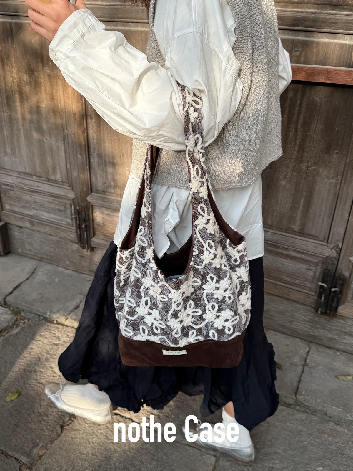 Reversible Suede Lace Spliced Hobo Bag | Bag | Three Fleas