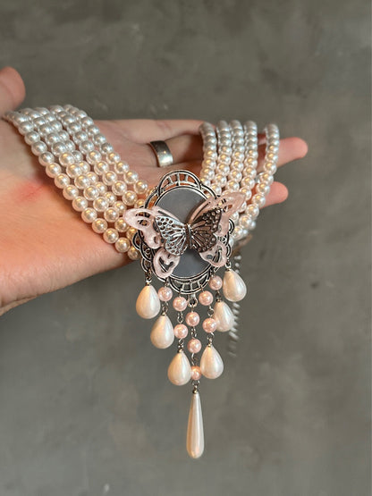 Rococo Pink Butterfly Pearl Layered Necklace