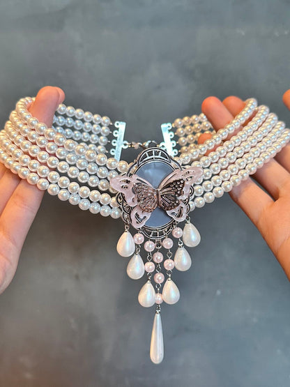 Rococo Pink Butterfly Pearl Layered Necklace