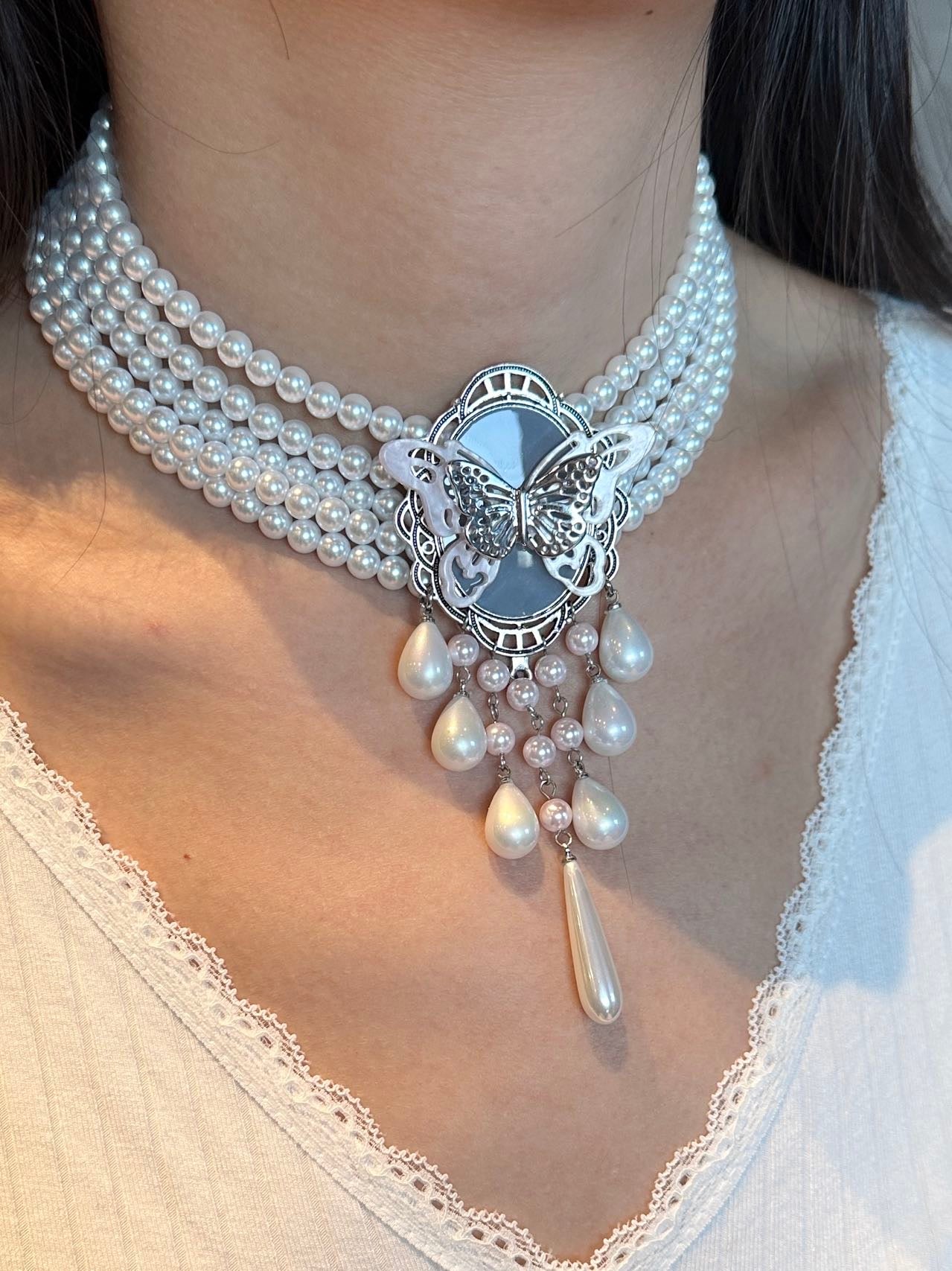 Rococo Pink Butterfly Pearl Layered Necklace