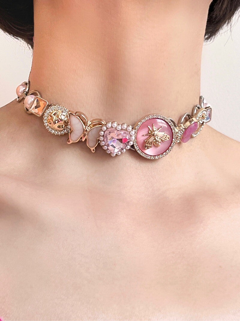 Romantic Pink Bee Button Choker
