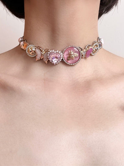 Romantic Pink Bee Button Choker
