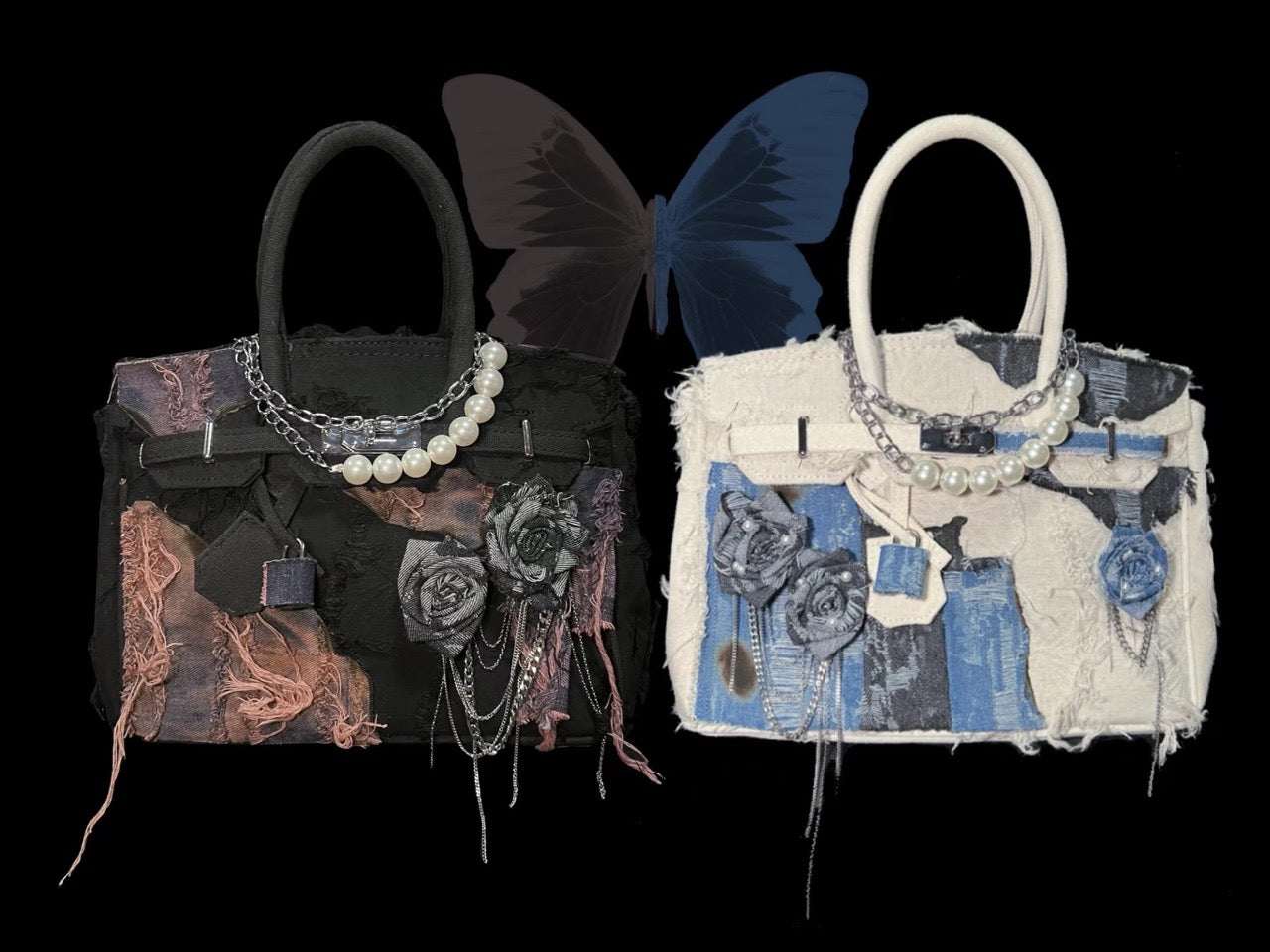 Rose Denim Patch Kelly Handbag