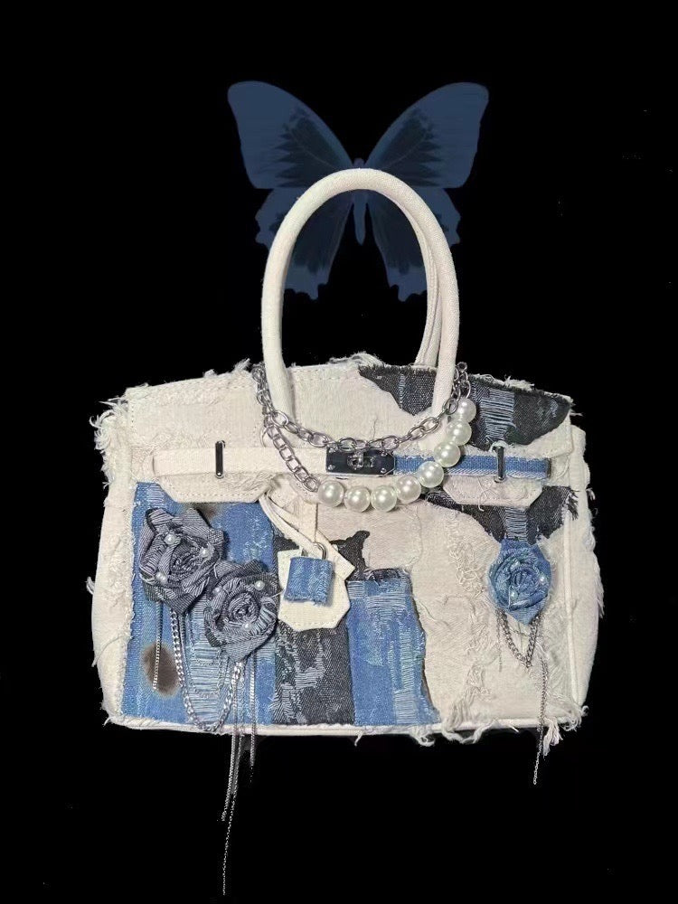 Rose Denim Patch Kelly Handbag