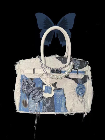 Rose Denim Patch Kelly Handbag