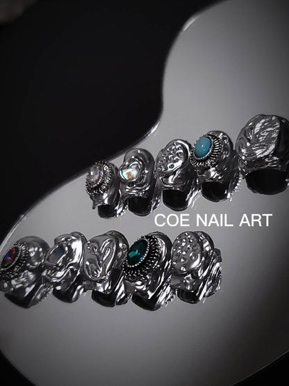 Shaped Silver Gem Press On Nails Set