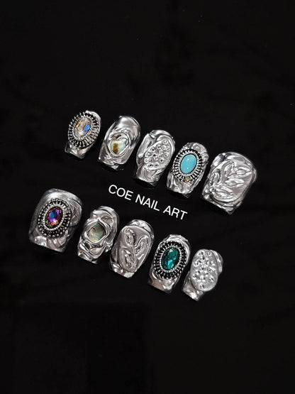 Shaped Silver Gem Press On Nails Set