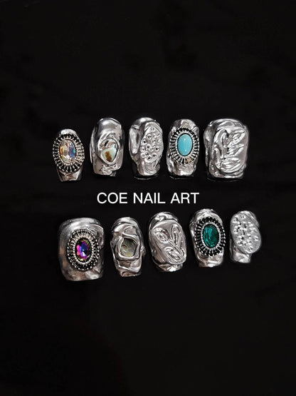 Shaped Silver Gem Press On Nails Set