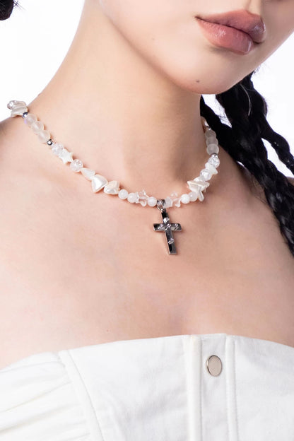 Shell Stars Beaded Cross Pendant Necklace