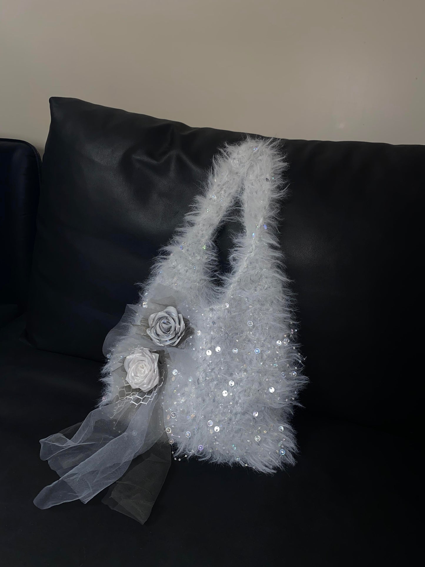 Silver Grey Rose Crochet Bag