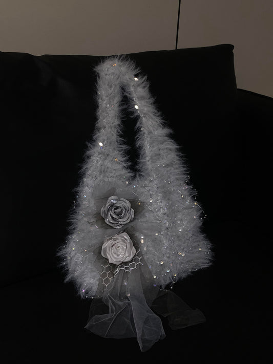 Silver Grey Rose Crochet Bag