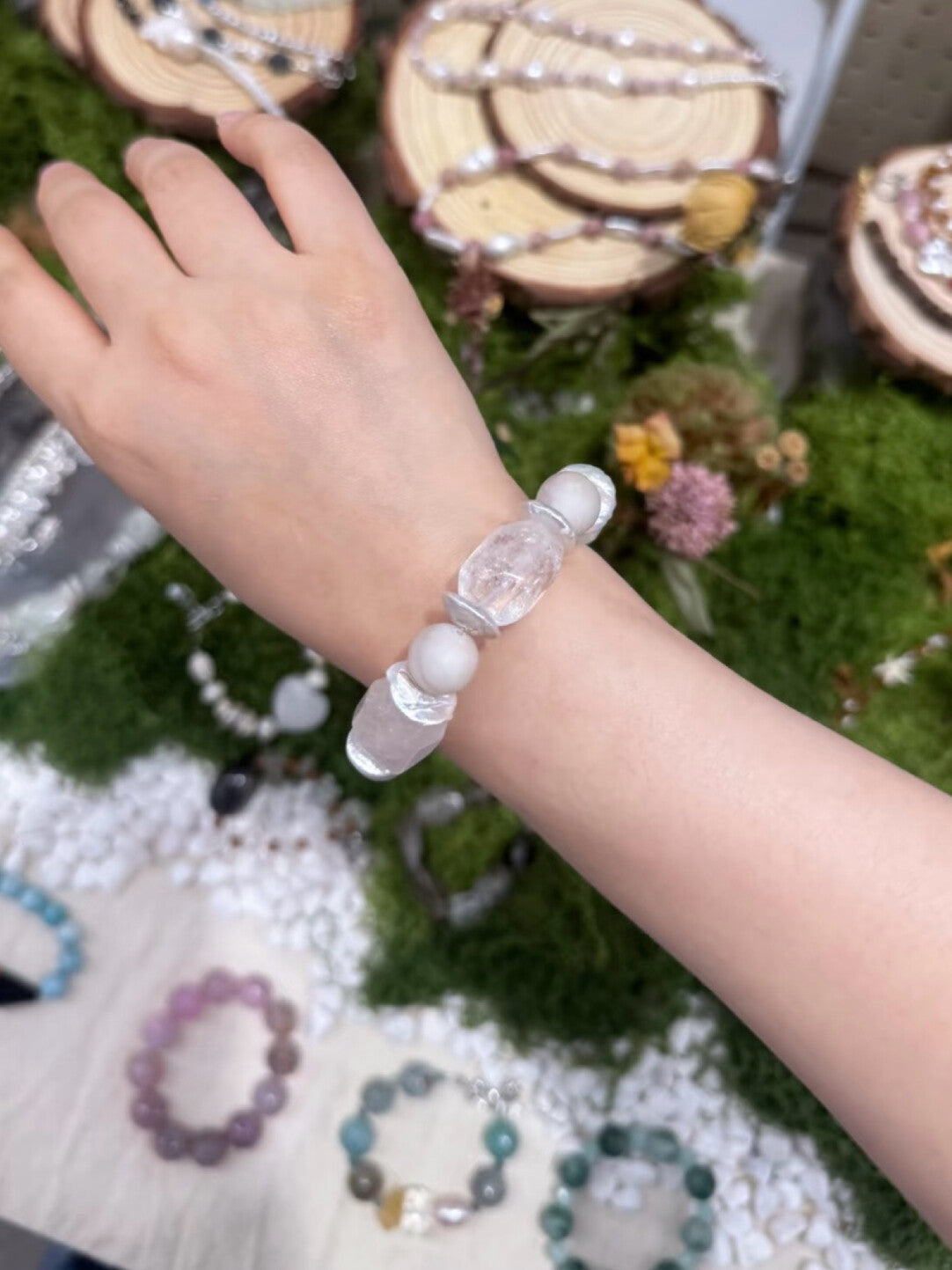 Silver White Crystal Pearl  Bracelet