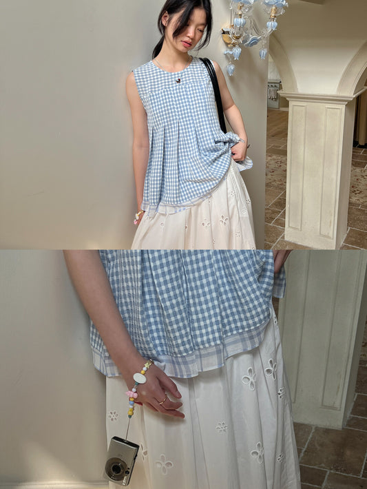 Sleeveless Blue White Checkered Pleated Flared Top