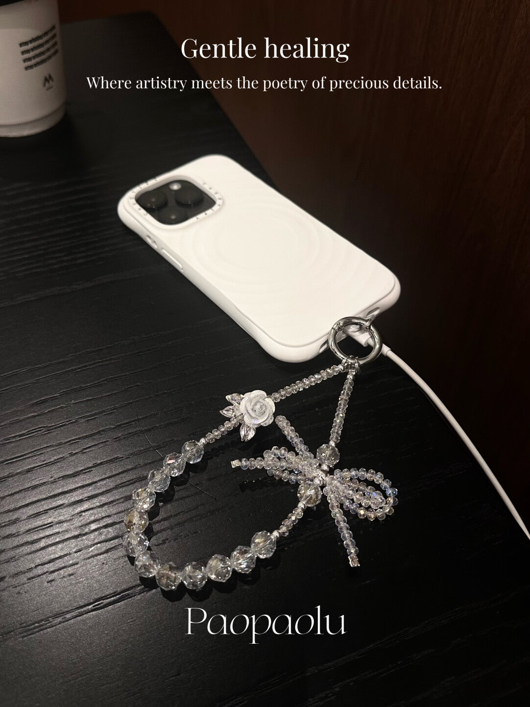 Snow Rose Sparkly Beaded Phone Charm