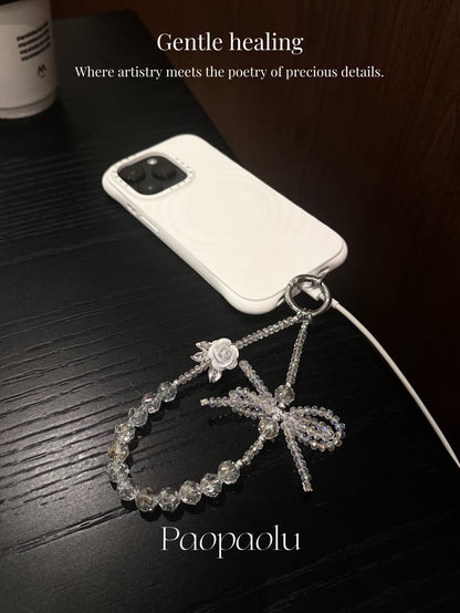Snow Rose Sparkly Beaded Phone Charm
