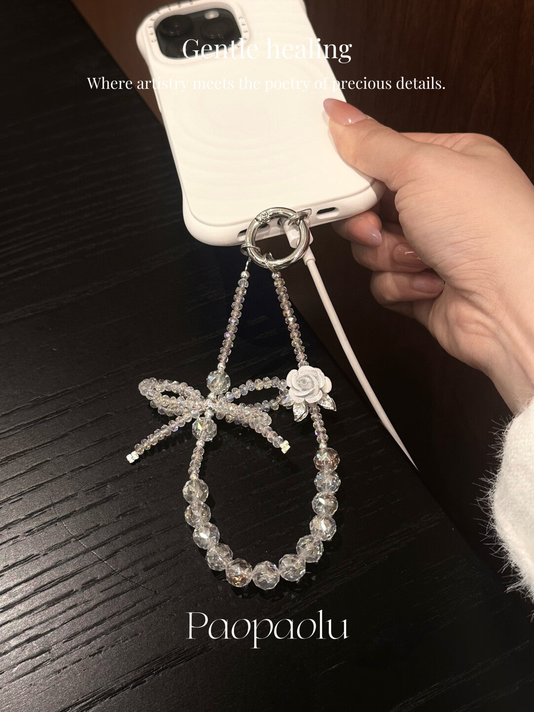Snow Rose Sparkly Beaded Phone Charm