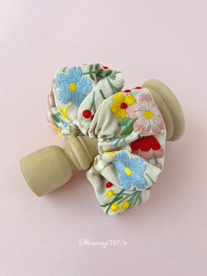 Spring Garden Embroidered Hair Scrunchie