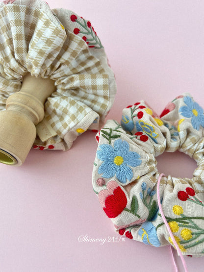 Spring Garden Embroidered Hair Scrunchie