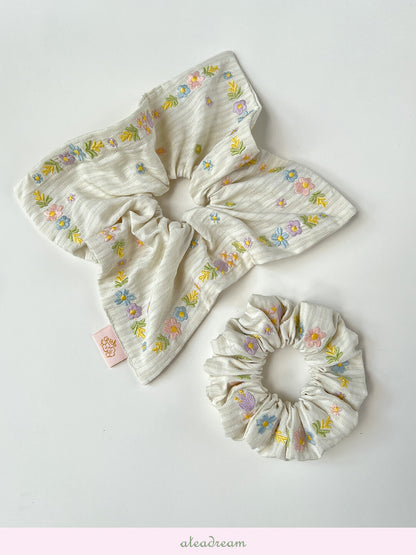 Original Spring Tea Poetry Embroidered Floral Hair Scrunchie