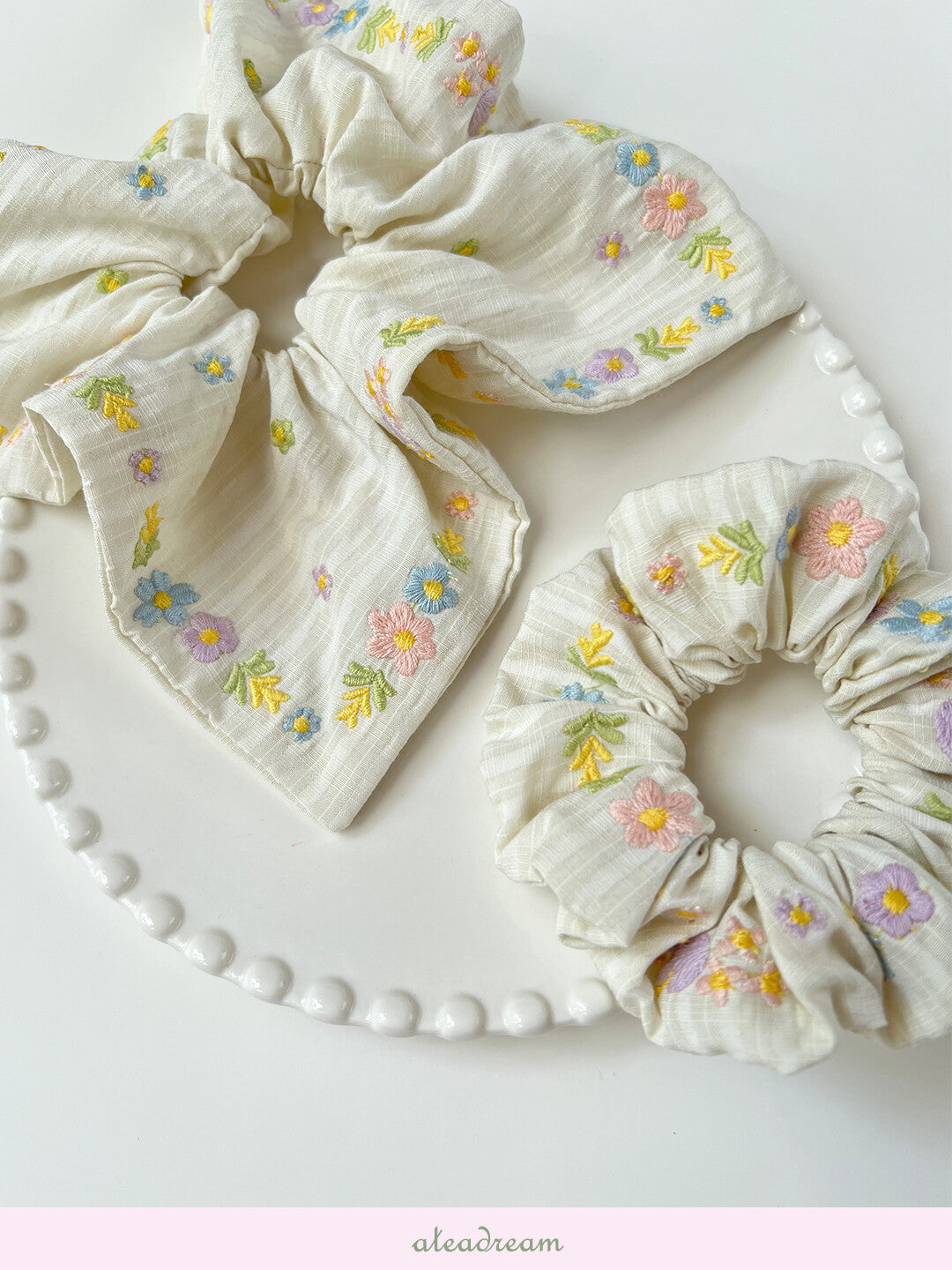 Original Spring Tea Poetry Embroidered Floral Hair Scrunchie