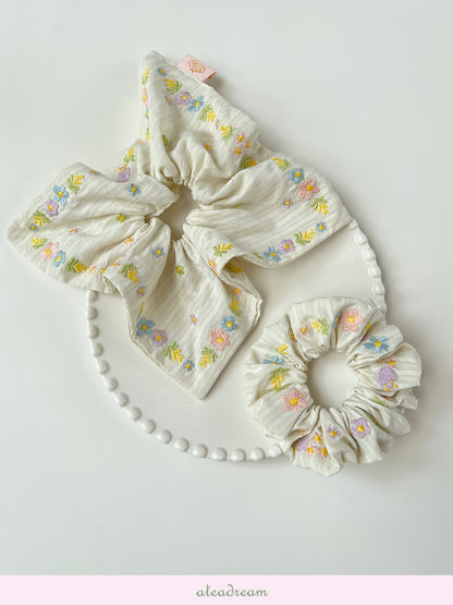 Original Spring Tea Poetry Embroidered Floral Hair Scrunchie