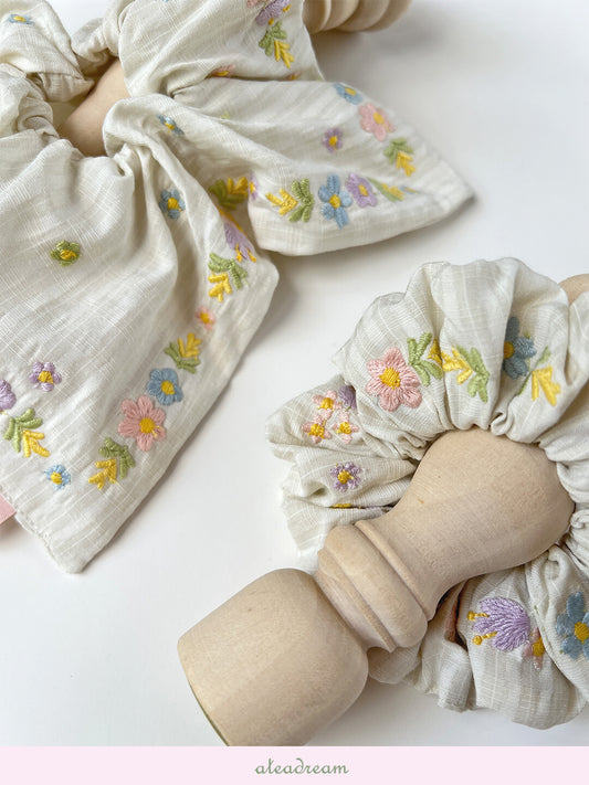 Original Spring Tea Poetry Embroidered Floral Hair Scrunchie